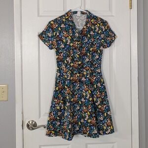 Retro Eva Rose Woodland Print Fit & Flare Shirt Dress Size Small -Bambi Theme